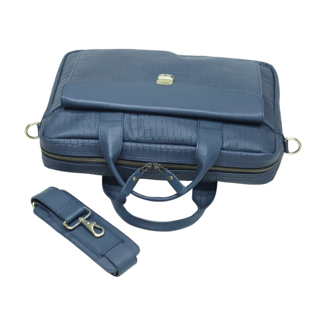 Genuine Leather Laptop Briefcase for Men – Navy Blue Crocodile Pattern Business Bag