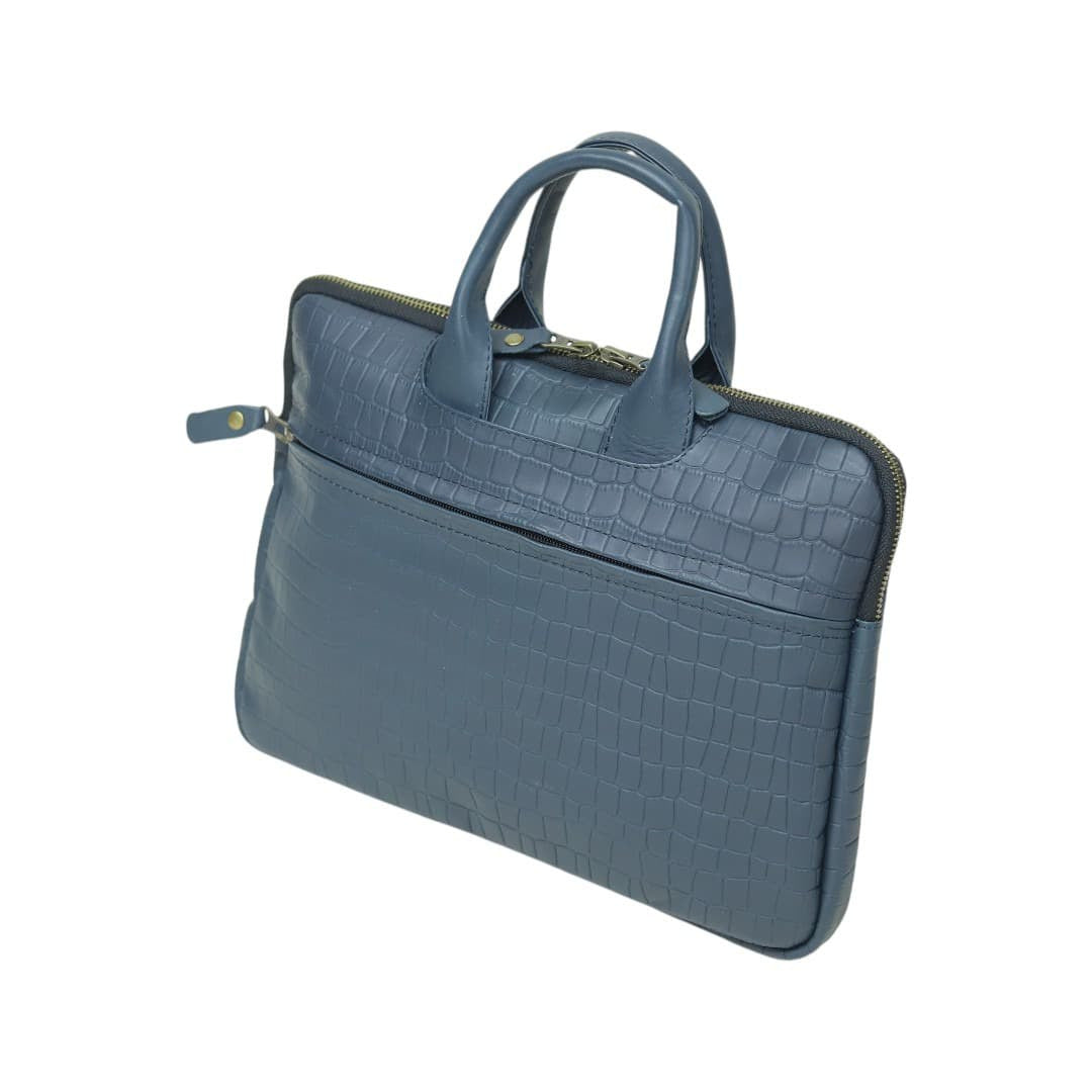 Crocodile Embossed Blue Leather Briefcase – Men’s Business Office Work Bag