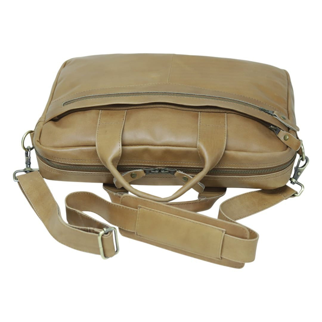 Men’s Tan Leather Briefcase – Premium Business & Work Bag with Shoulder Strap