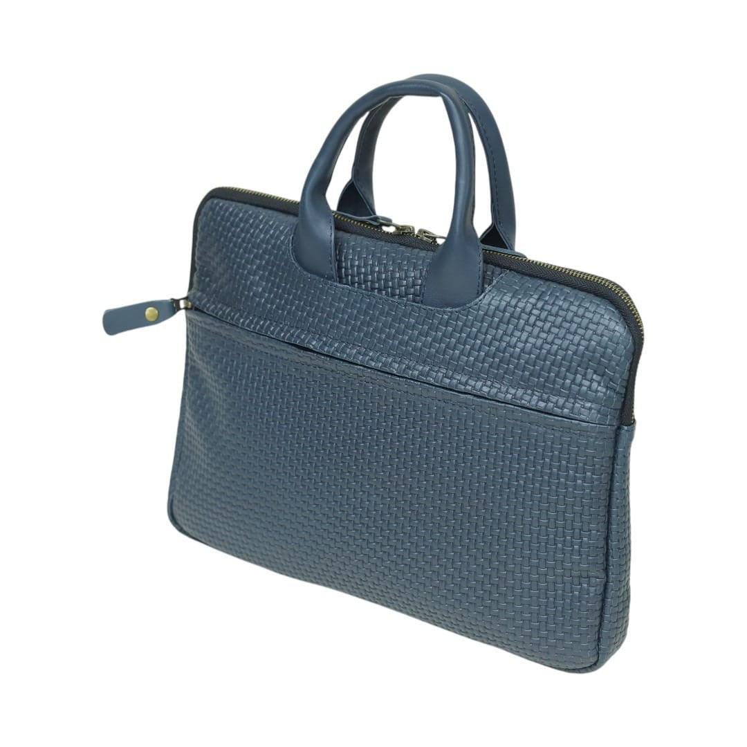 Navy Blue Woven Leather Briefcase – Slim Professional Work Bag | Leathers Crafted