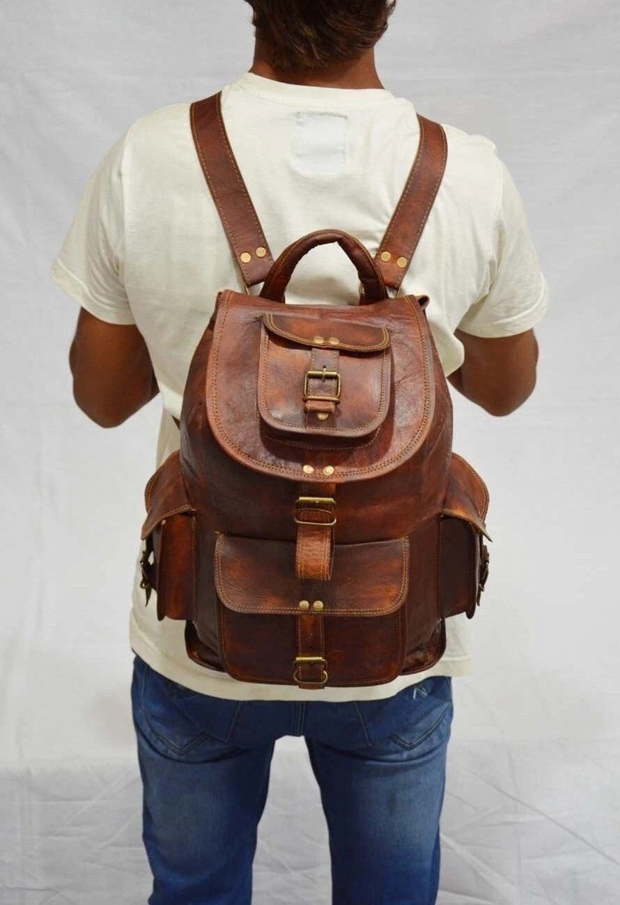 Vintage Leather Backpack – Large Travel Rucksack with Multiple Pockets