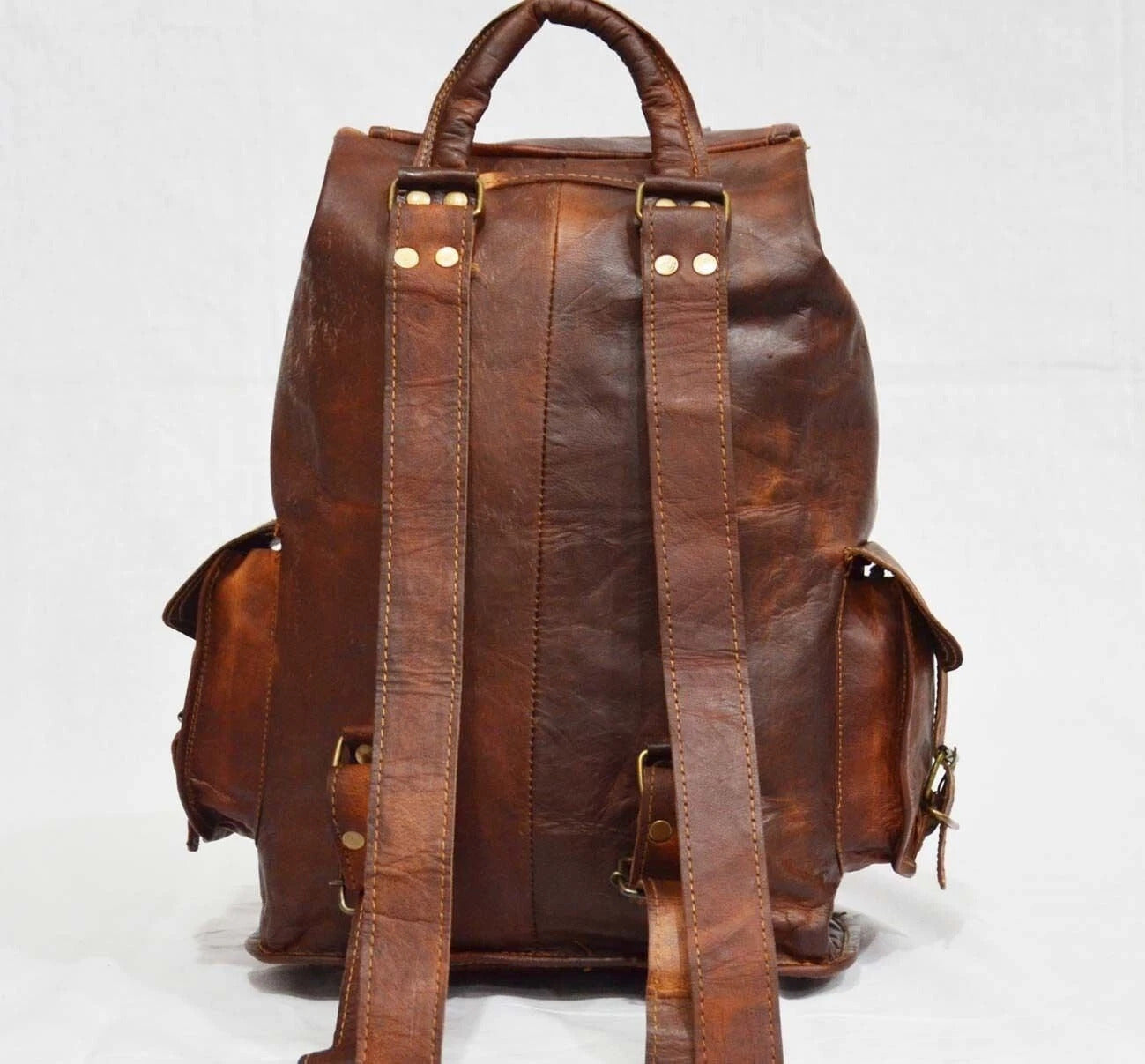 Vintage Leather Backpack – Large Travel Rucksack with Multiple Pockets