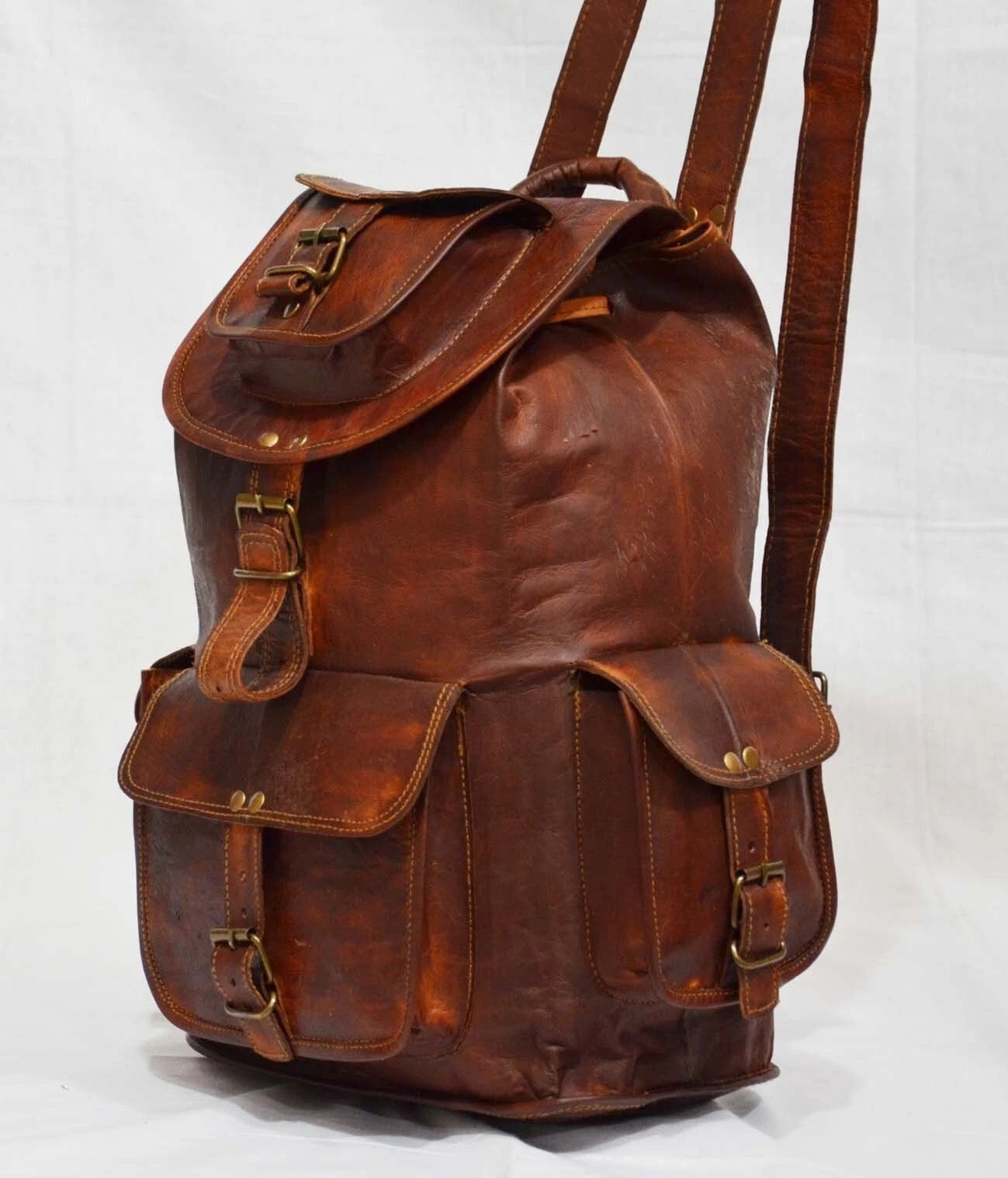 Vintage Leather Backpack – Large Travel Rucksack with Multiple Pockets