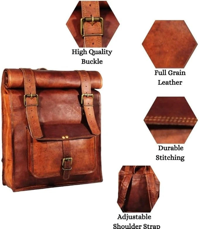 Vintage Leather Roll Top Backpack – Handmade Brown Travel Bag