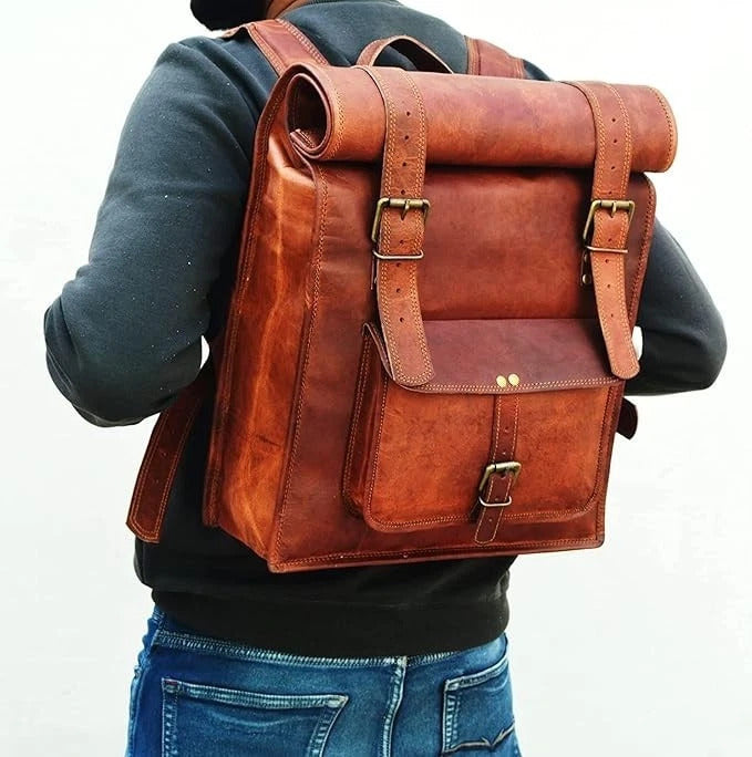 Vintage Leather Roll Top Backpack – Handmade Brown Travel Bag