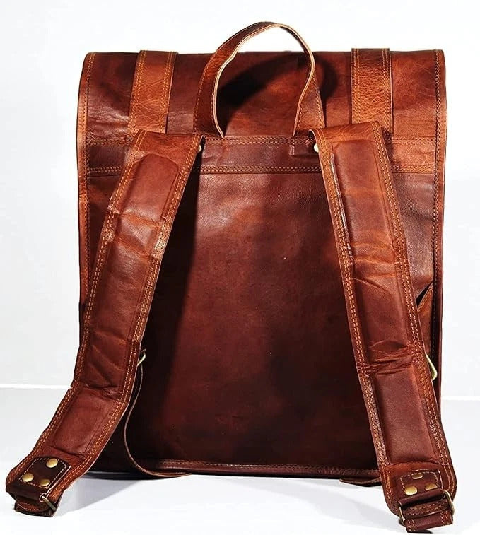 Vintage Leather Roll Top Backpack – Handmade Brown Travel Bag