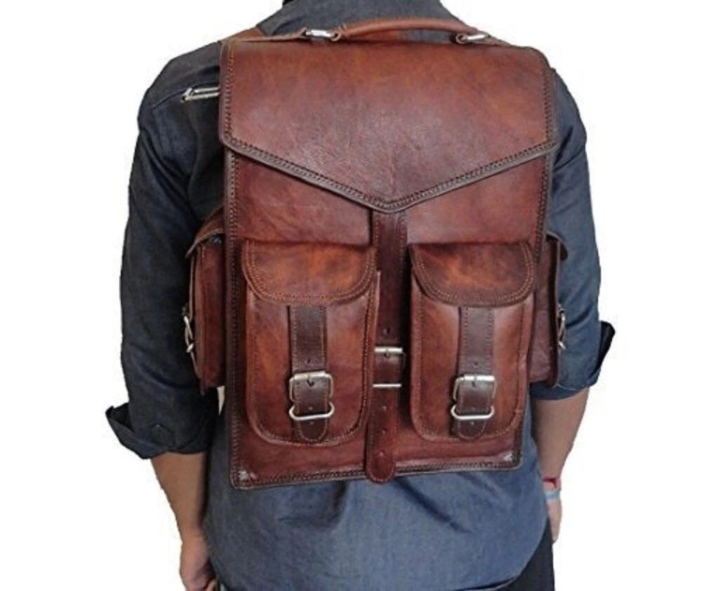 Vintage Brown Leather Backpack – Multi Pocket Travel Daypack