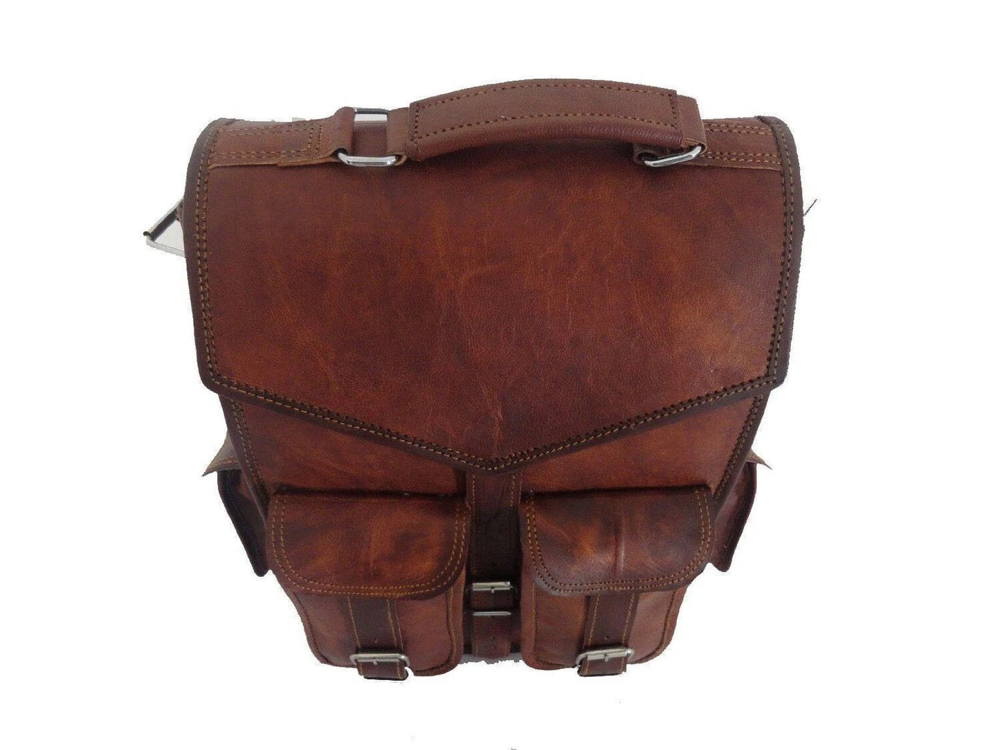 Vintage Brown Leather Backpack – Multi Pocket Travel Daypack
