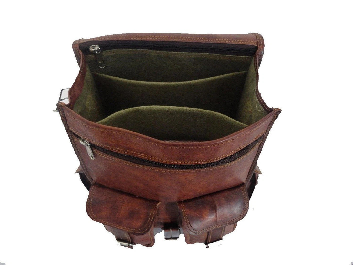 Vintage Brown Leather Backpack – Multi Pocket Travel Daypack