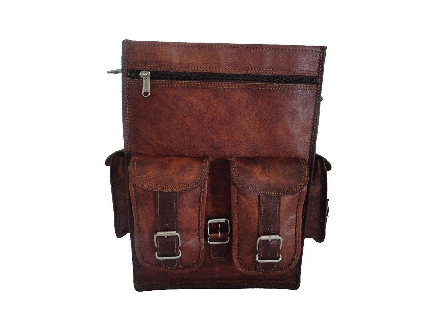 Vintage Brown Leather Backpack – Multi Pocket Travel Daypack