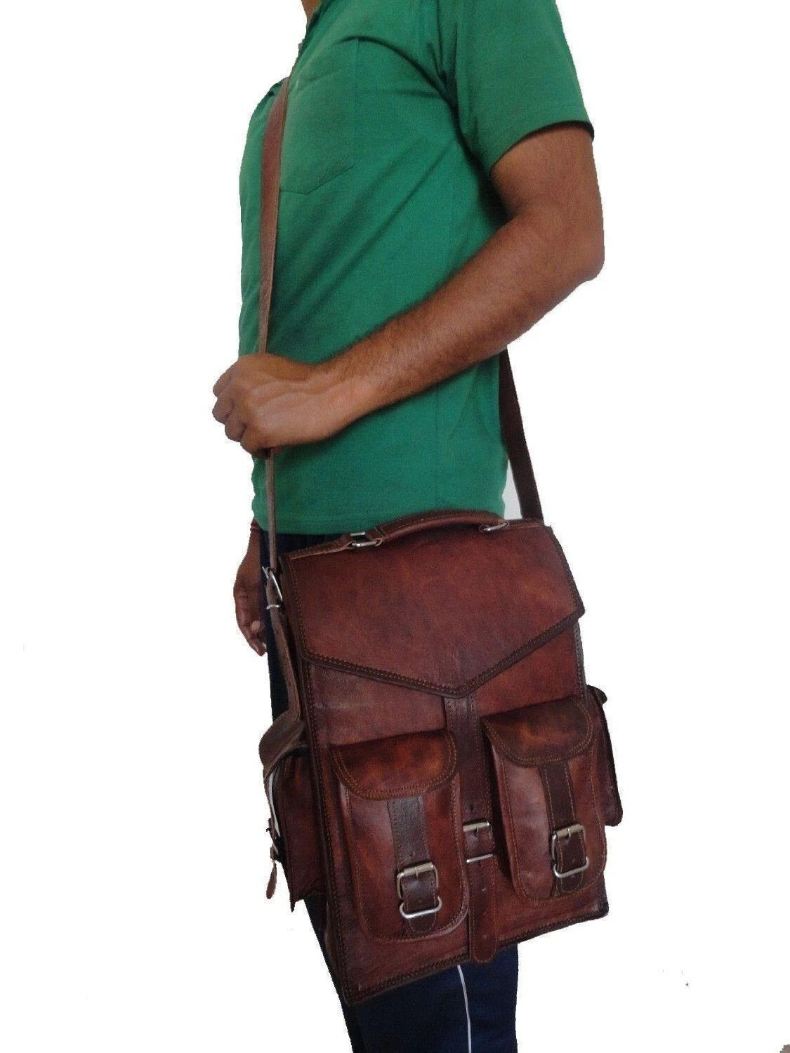 Vintage Brown Leather Backpack – Multi Pocket Travel Daypack
