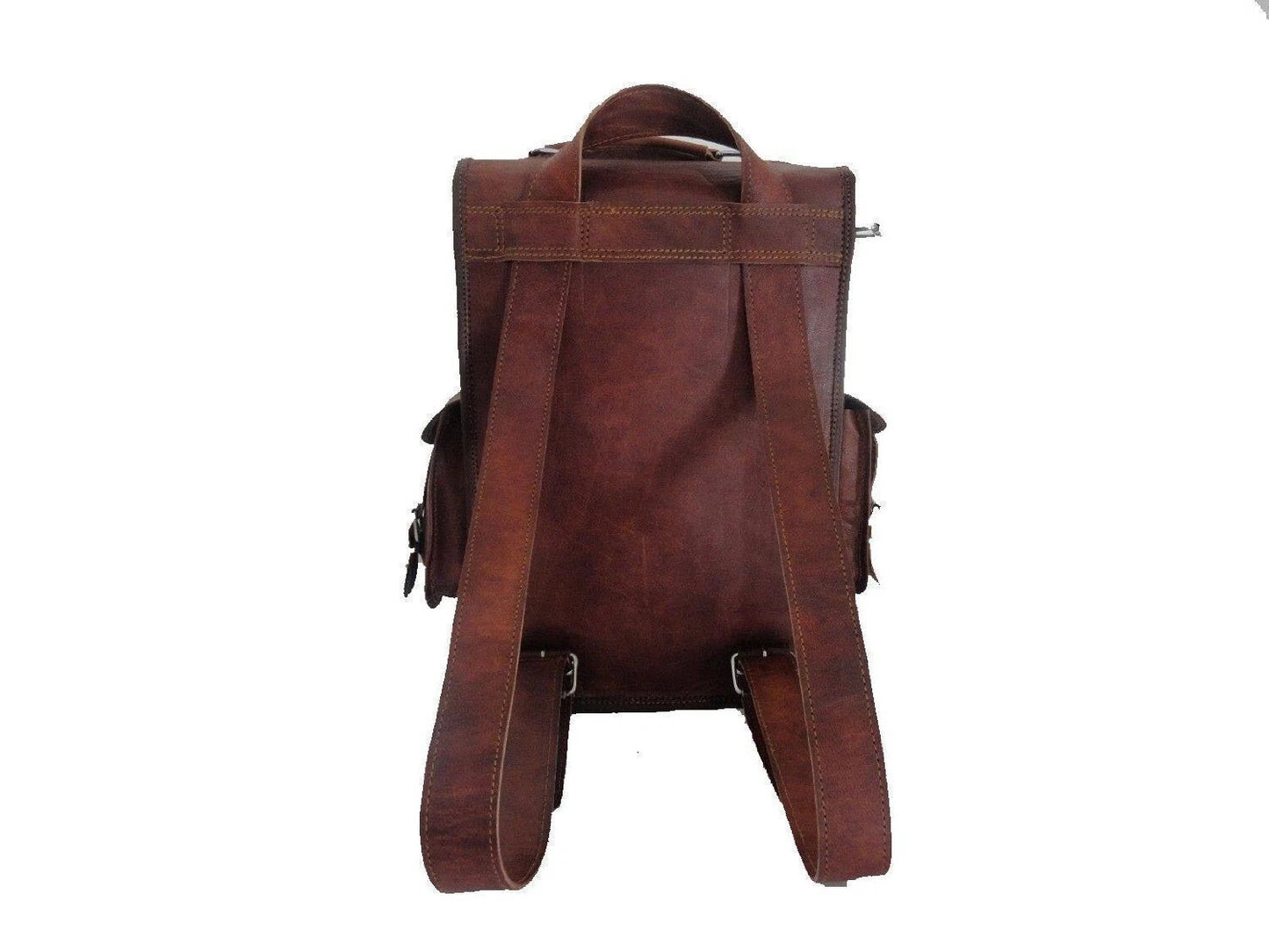 Vintage Brown Leather Backpack – Multi Pocket Travel Daypack