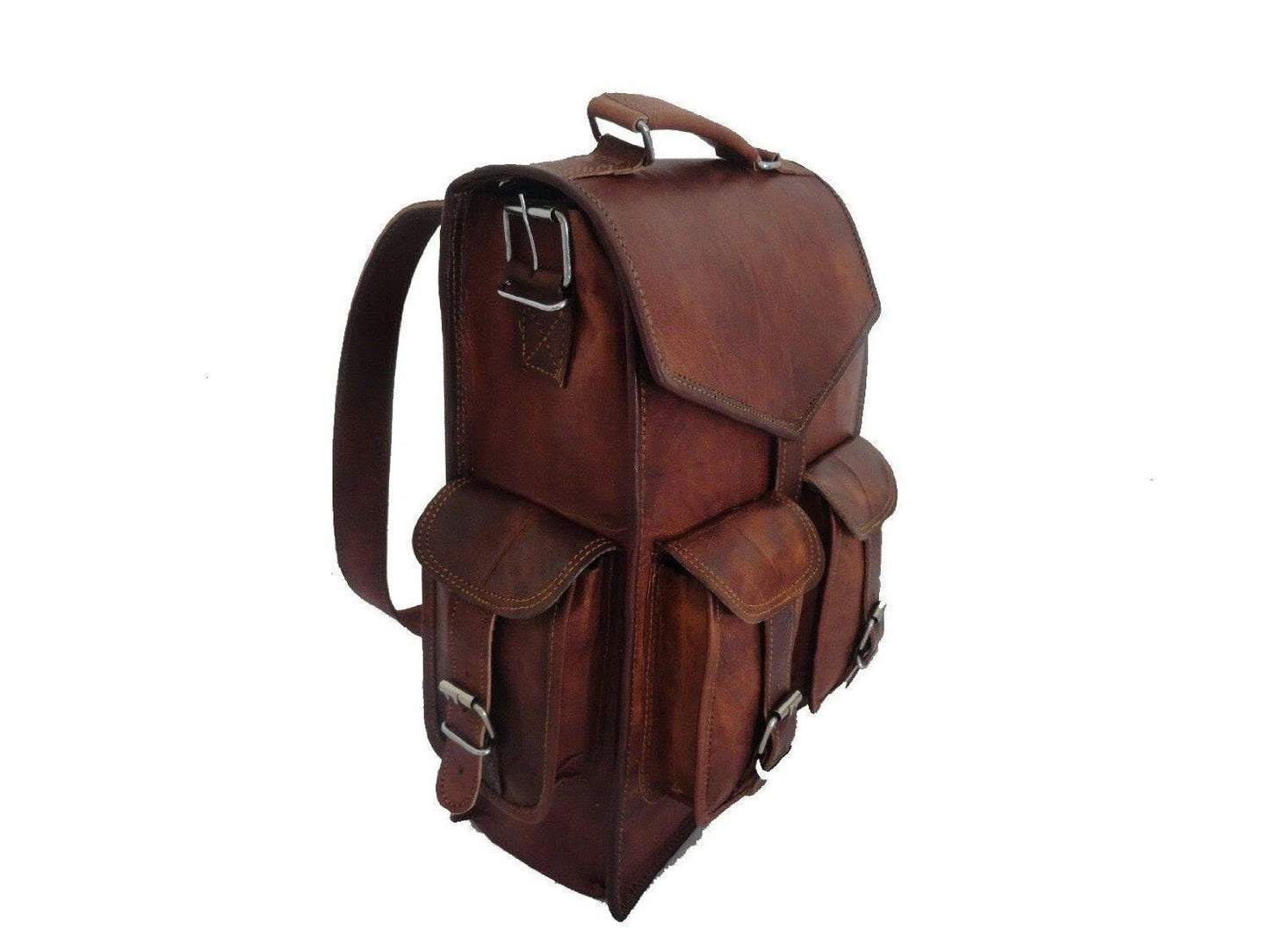 Vintage Brown Leather Backpack – Multi Pocket Travel Daypack