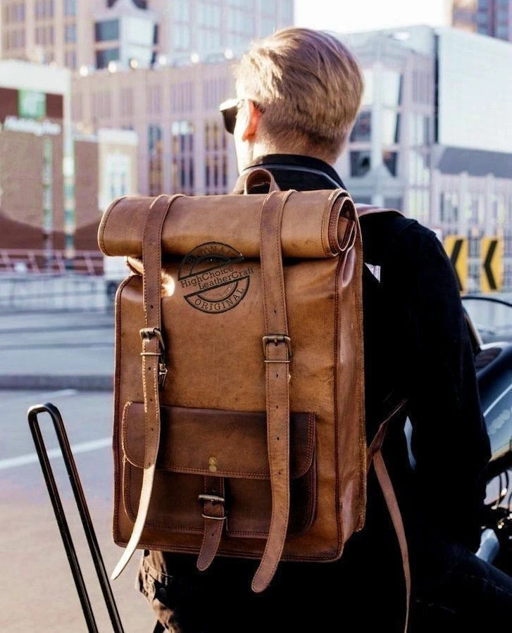 Vintage Brown Leather Backpack – Roll Top Travel Rucksack