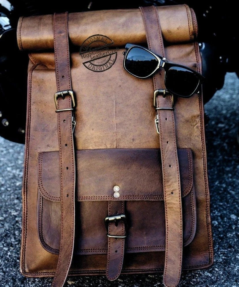 Vintage Brown Leather Backpack – Roll Top Travel Rucksack
