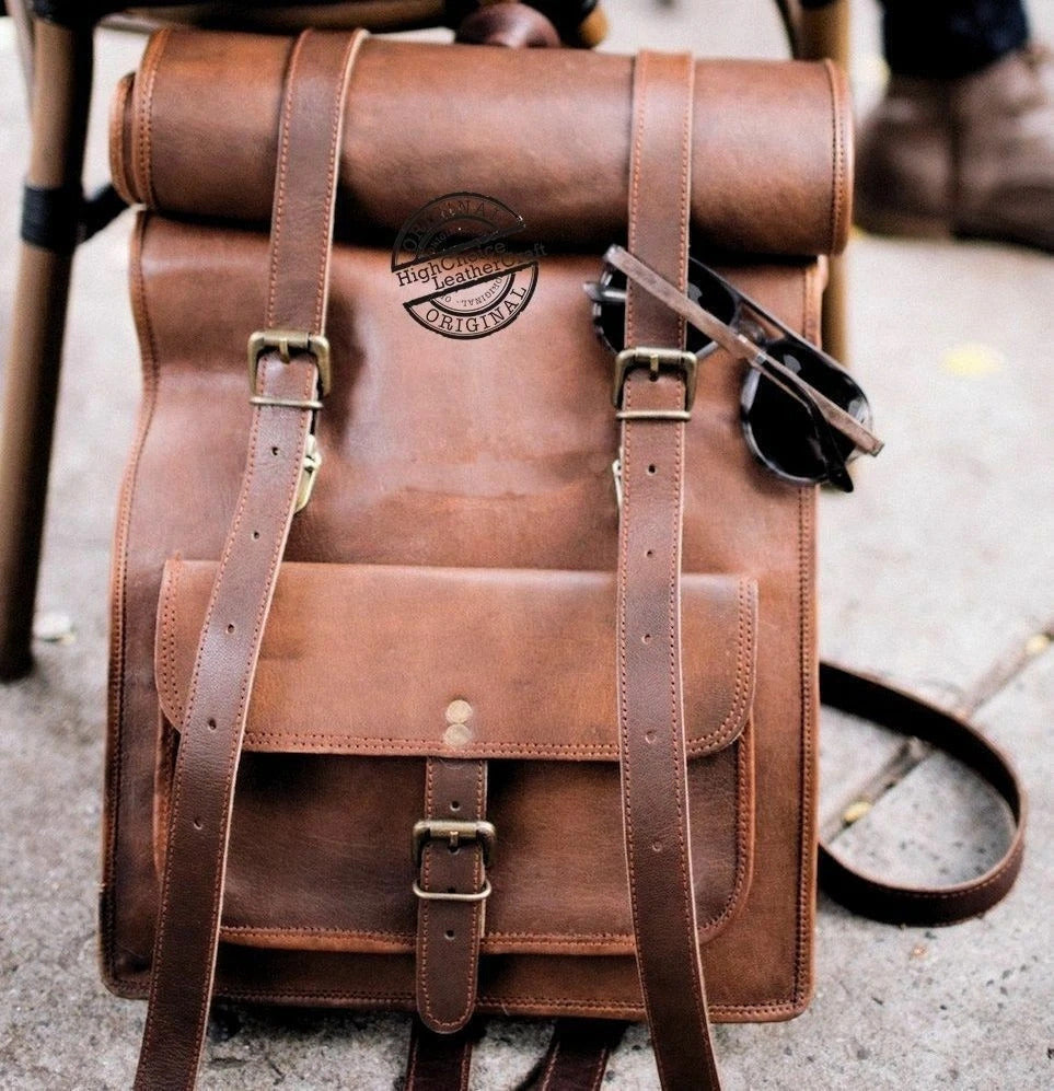 Vintage Brown Leather Backpack – Roll Top Travel Rucksack