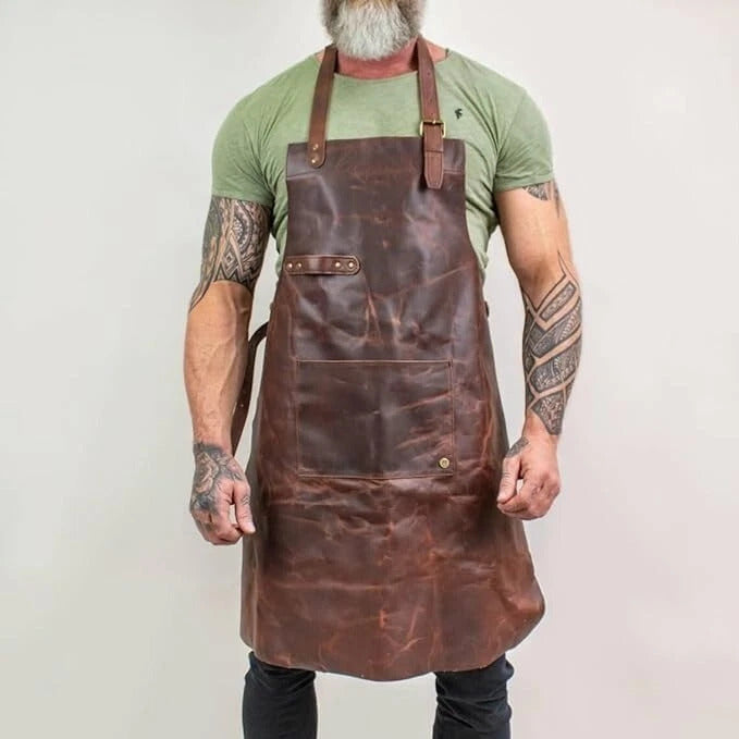 Leather Work Apron for Men & Women – Adjustable Handmade Apron with Front Pocket