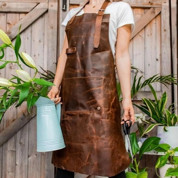 Leather Work Apron for Men & Women – Adjustable Handmade Apron with Front Pocket