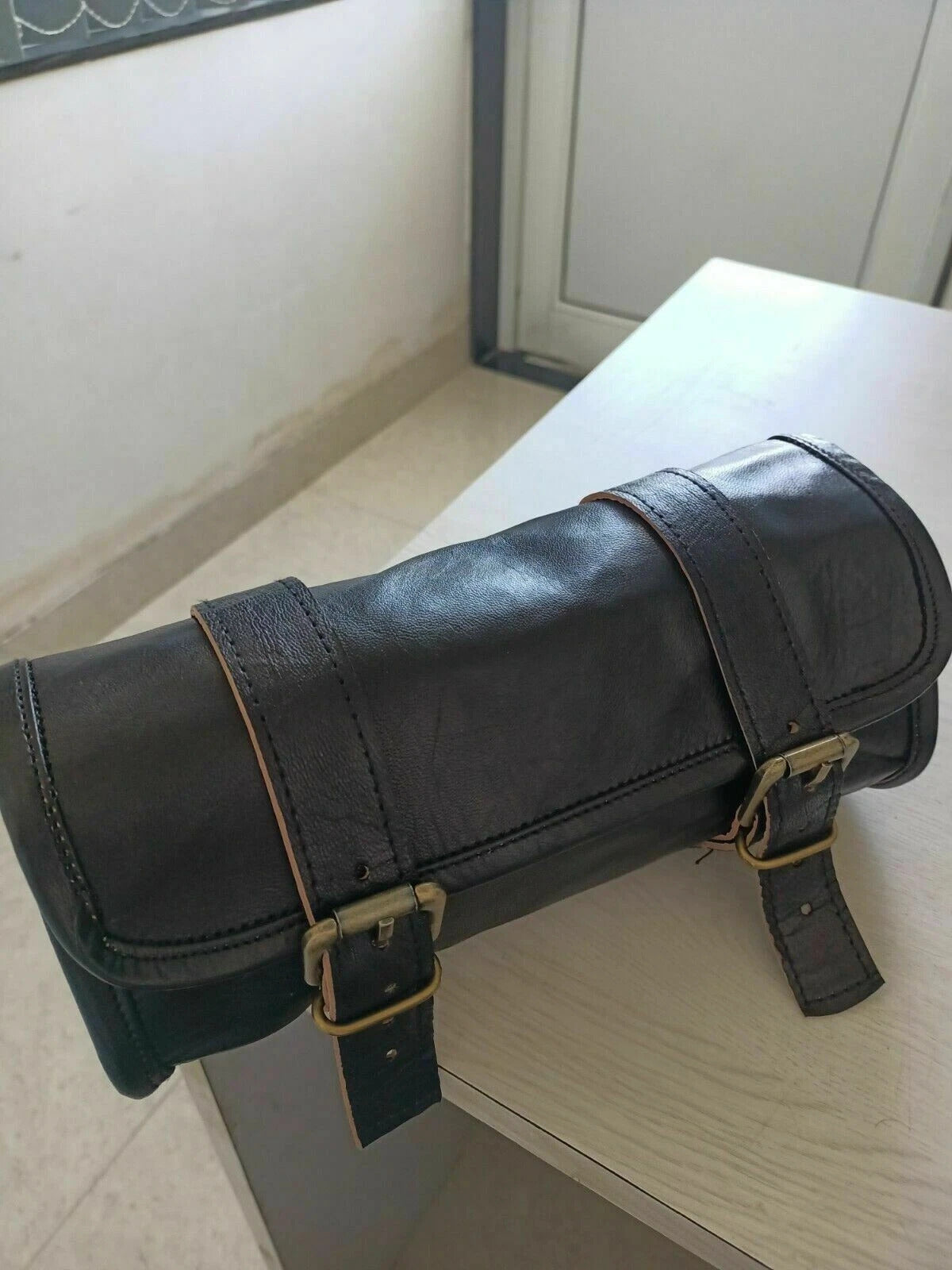 Black Leather Tool Roll Saddle Bag – Motorcycle Utility Bag