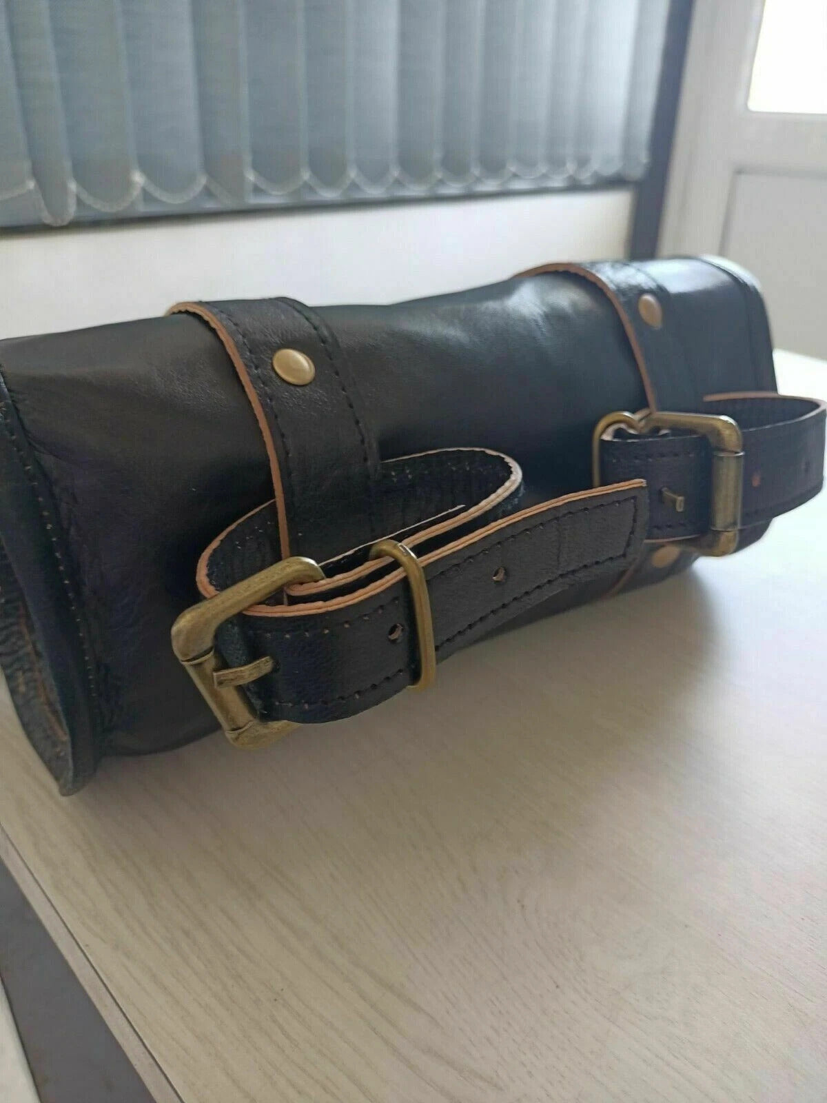 Black Leather Tool Roll Saddle Bag – Motorcycle Utility Bag