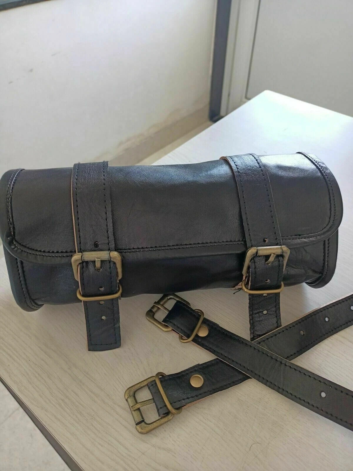 Black Leather Tool Roll Saddle Bag – Motorcycle Utility Bag