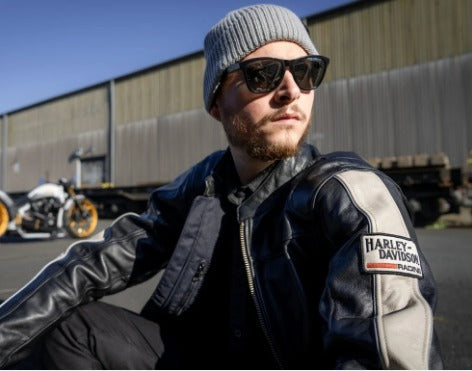 Harley-Davidson Men's Black Leather Racing Jacket – Cream Shoulder Panels & Bar & Shield Logo