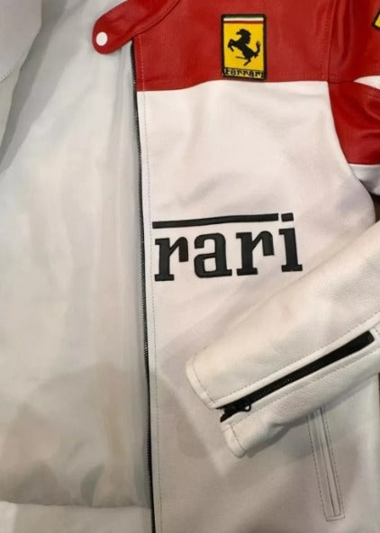 Ferrari Inspired Red & White Leather Racing Jacket for Men