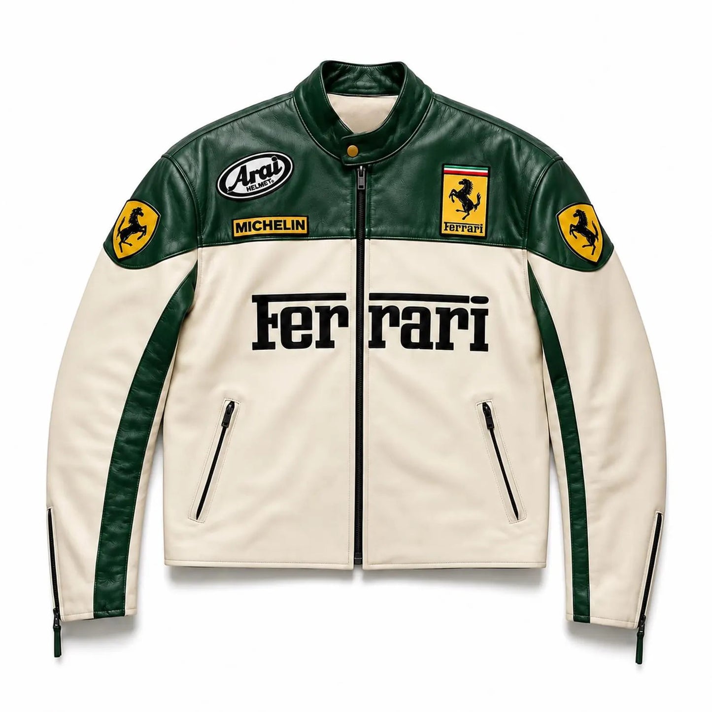 Men’s Green & White Leather Racing Jacket – Motorsport Biker Jacket