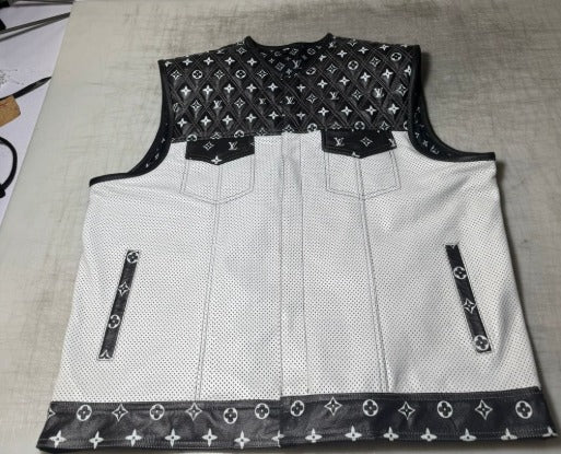 Men’s Black & White Quilted Leather Motorcycle Vest