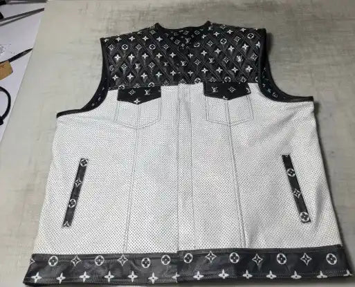 Men’s Black & White Quilted Leather Motorcycle Vest