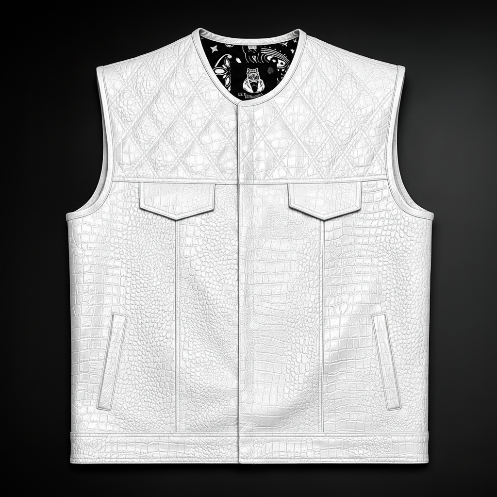 Men's White Crocodile Embossed Leather Vest
