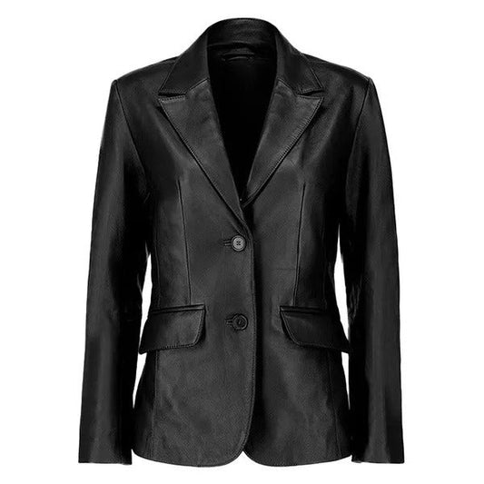 Women's black leather blazer with notch lapels, two-button closure and front flap pockets