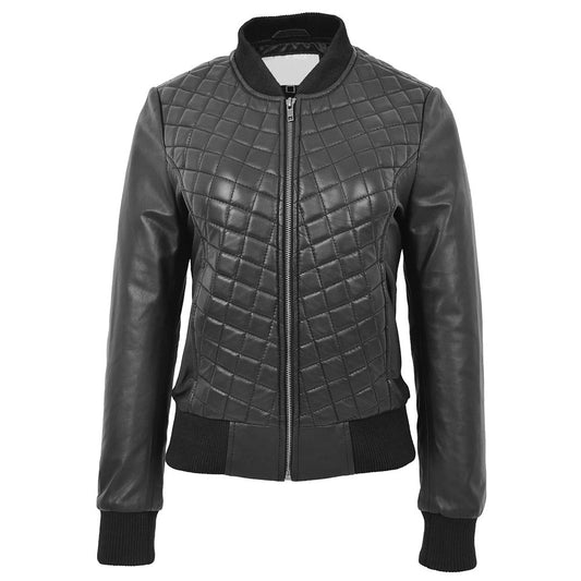 Women's black quilted leather bomber jacket with ribbed collar, cuffs and full front zip