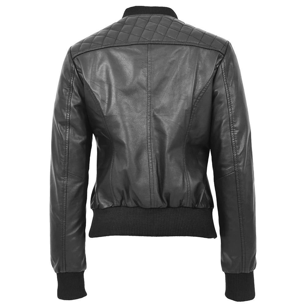 Women’s Quilted Black Bomber Leather Jacket Leathers Crafted