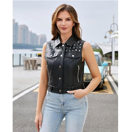 Women's black studded leather vest with silver studs, chest pockets and zip pockets