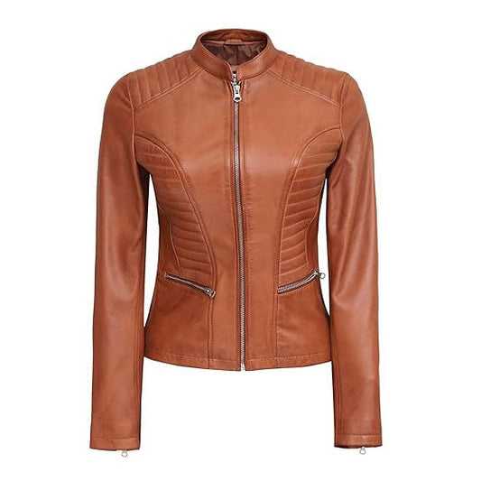 Women's brown fitted leather jacket with quilted shoulder detailing, stand-up collar and zip pockets