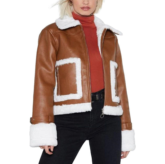 Women's brown shearling leather jacket with white fur trim, zip front and front pockets