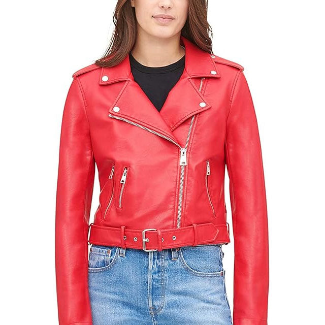 Women's red leather biker jacket with asymmetric zip, belted waist and multiple pockets
