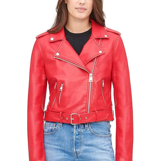 Women's red leather biker jacket with asymmetric zip, belted waist and multiple pockets