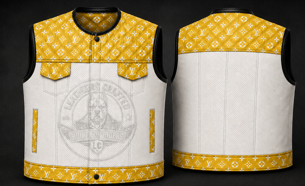Premium yellow and white handmade leather biker vest crafted from genuine leather with quilted upper detailing, custom motorcycle rider vest by LeathersCrafted.