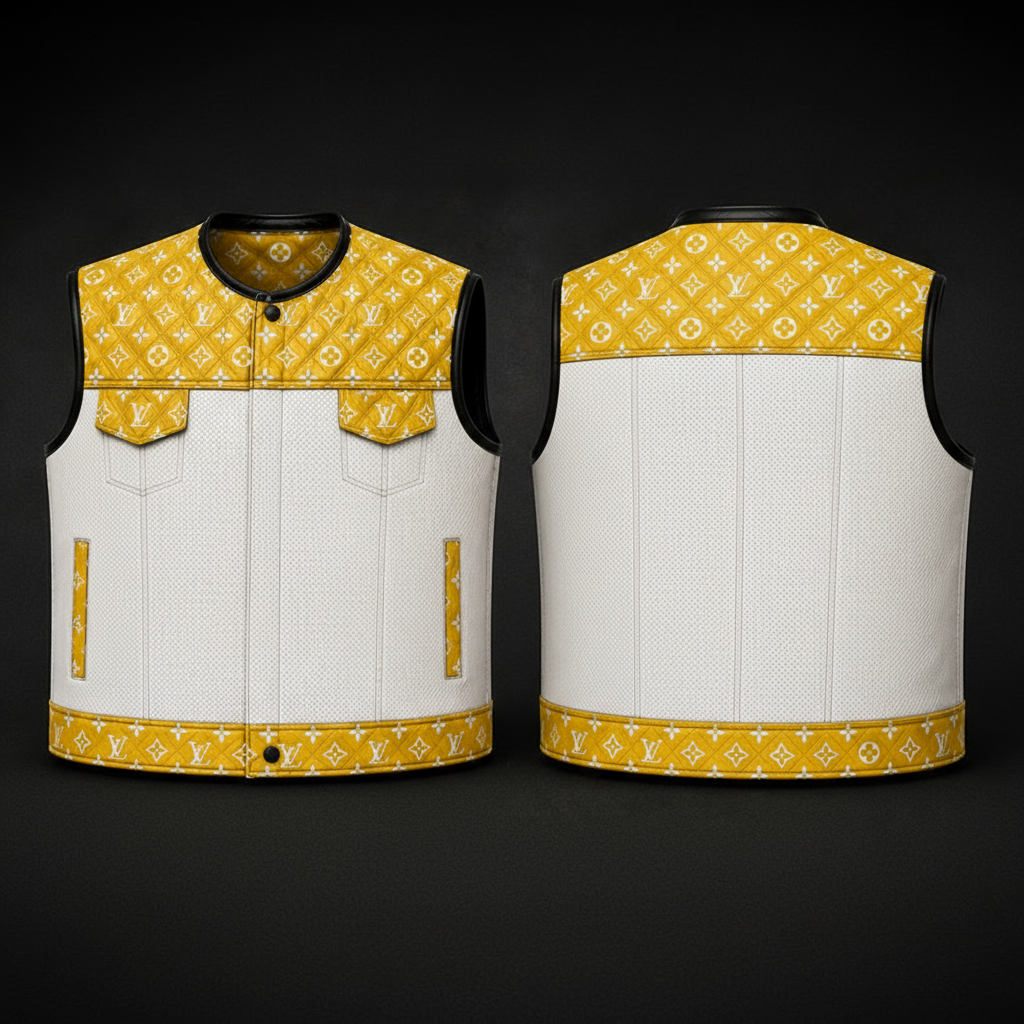 Premium yellow and white handmade leather biker vest crafted from genuine leather with quilted upper detailing, custom motorcycle rider vest by LeathersCrafted.