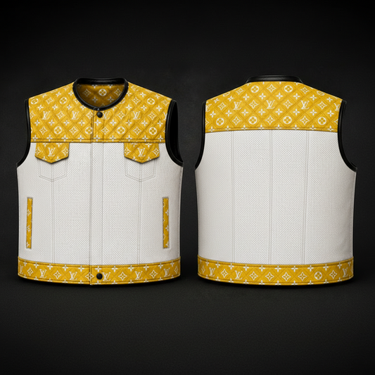 Premium yellow and white handmade leather biker vest crafted from genuine leather with quilted upper detailing, custom motorcycle rider vest by LeathersCrafted.