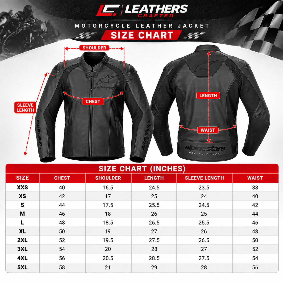 A motorcycle leather jacket size chart graphic showing front and back views of a black jacket with labeled measurements, plus a size table with chest, sleeve length, and waist measurements in inches for sizes XXS through 5XL. The top includes the Leathers Crafted logo and text.