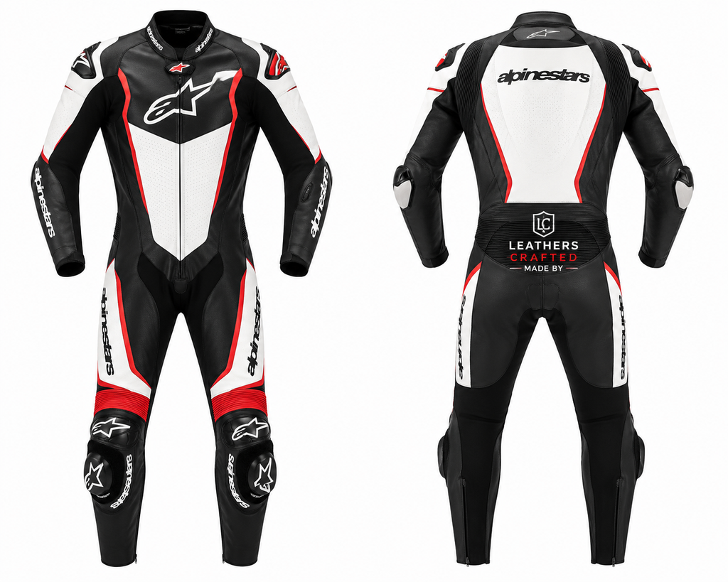 Black White Red Motorcycle Racing Leather Suit – Premium CE Armored One-Piece Track Day Riding Suit | Leathers Crafted