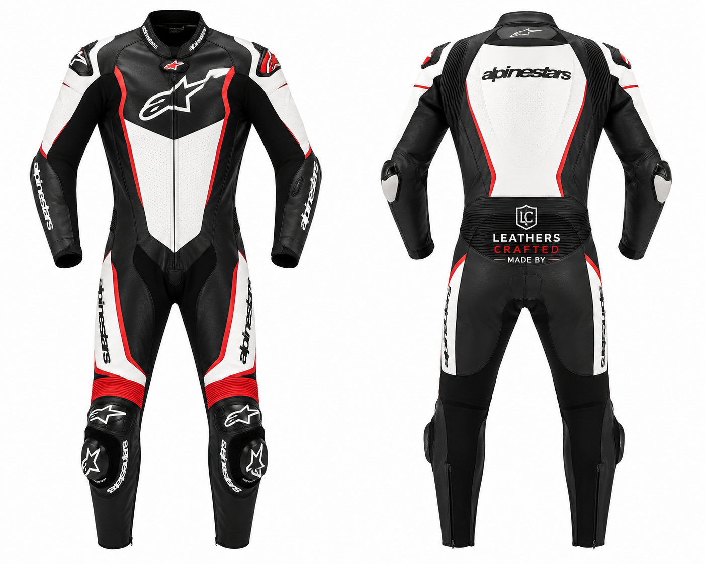 Black White Red Motorcycle Racing Leather Suit – Premium CE Armored One-Piece Track Day Riding Suit | Leathers Crafted