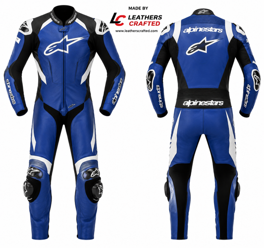 Blue Motorcycle Racing Leather Suit for Men – Premium CE Armored One-Piece Track Day Biker Suit | Leathers Crafted