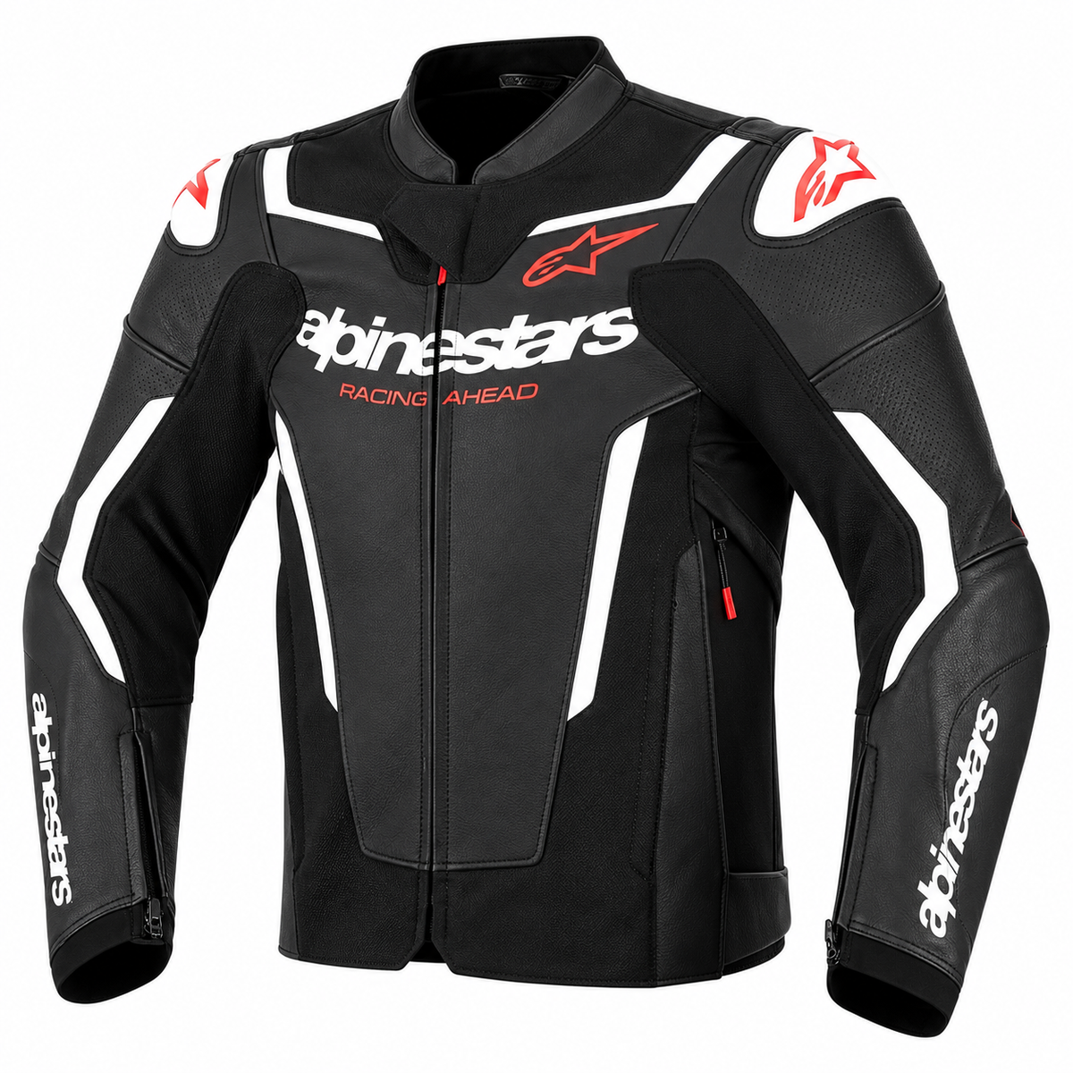 Alpinestars black leather motorcycle racing jacket with white and red accents, featuring the brand's logo and 'Racing Ahead' text on the chest.