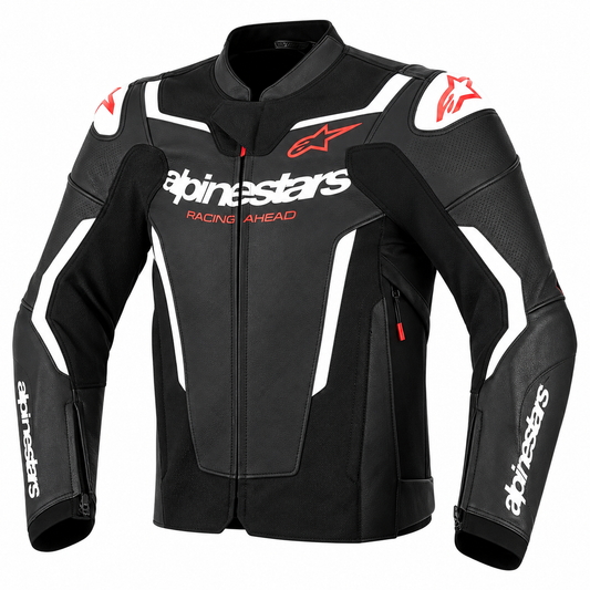 Alpinestars black leather motorcycle racing jacket with white and red accents, featuring the brand's logo and 'Racing Ahead' text on the chest.