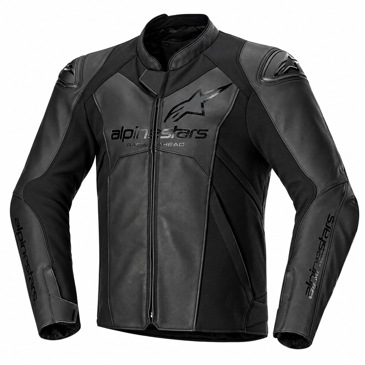 Alpinestars black leather motorcycle racing jacket with a full-zip front, high collar, and embossed brand logos on the chest and sleeves, shown on a plain white background.
