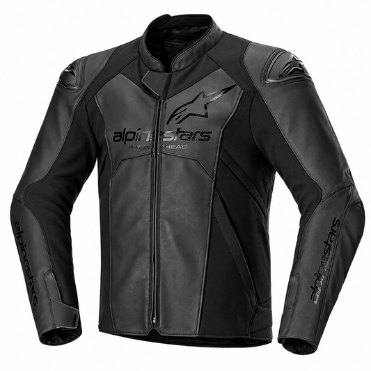 Alpinestars black leather motorcycle racing jacket with a full-zip front, high collar, and embossed brand logos on the chest and sleeves, shown on a plain white background.